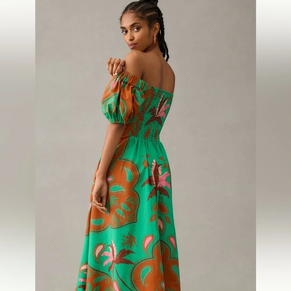 Anthropologie Green and Orange Puff Sleeve Sundress - Picture 5 of 5